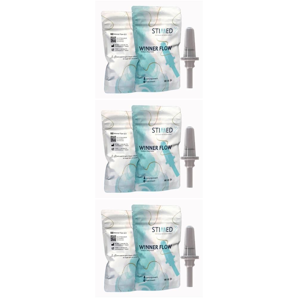 Trois emballages STIMED Winner Flow avec accessoires. Chaque emballage contient un sac bleu avec le nom du produit et un applicateur gris.