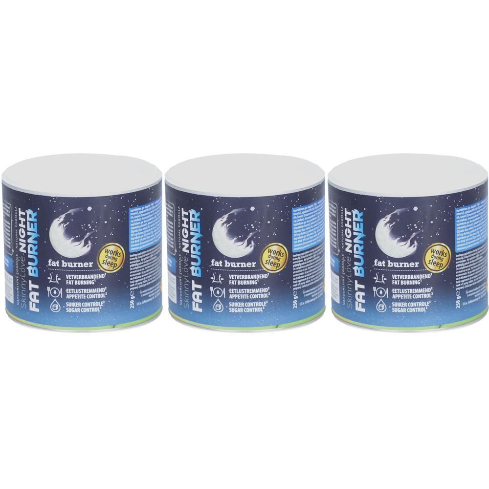 Trois boîtes de SkinnyLove Night Fat Burner. Emballage bleu et blanc avec nom du produit et motif lune. Contient des informations sur la combustion des graisses.