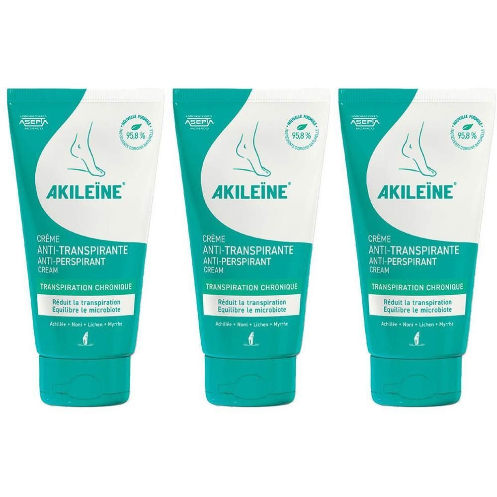 Trois tubes de crème Akileïne Anti-Transpirante. Emballage blanc et turquoise avec nom du produit et illustration de pied. Texte: Crème Anti-Transpirante.