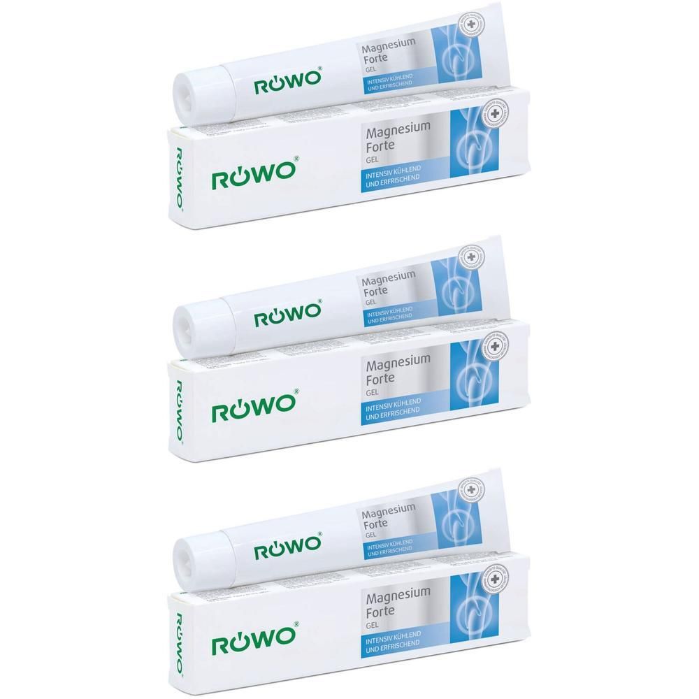 Plusieurs tubes et emballages avec le logo « Röwo » et l'inscription « Magnesium Forte Gel ».