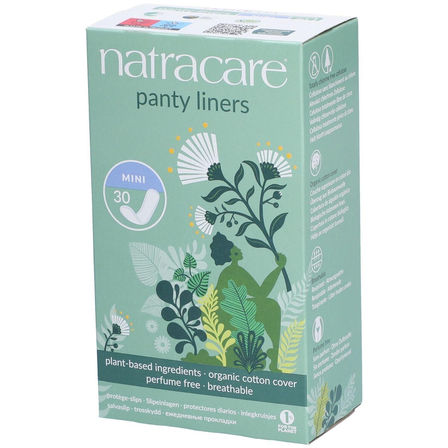 Boîte de protège-slips Natracare Mini. Verte, avec illustrations florales et informations produit. Contient 30 unités.