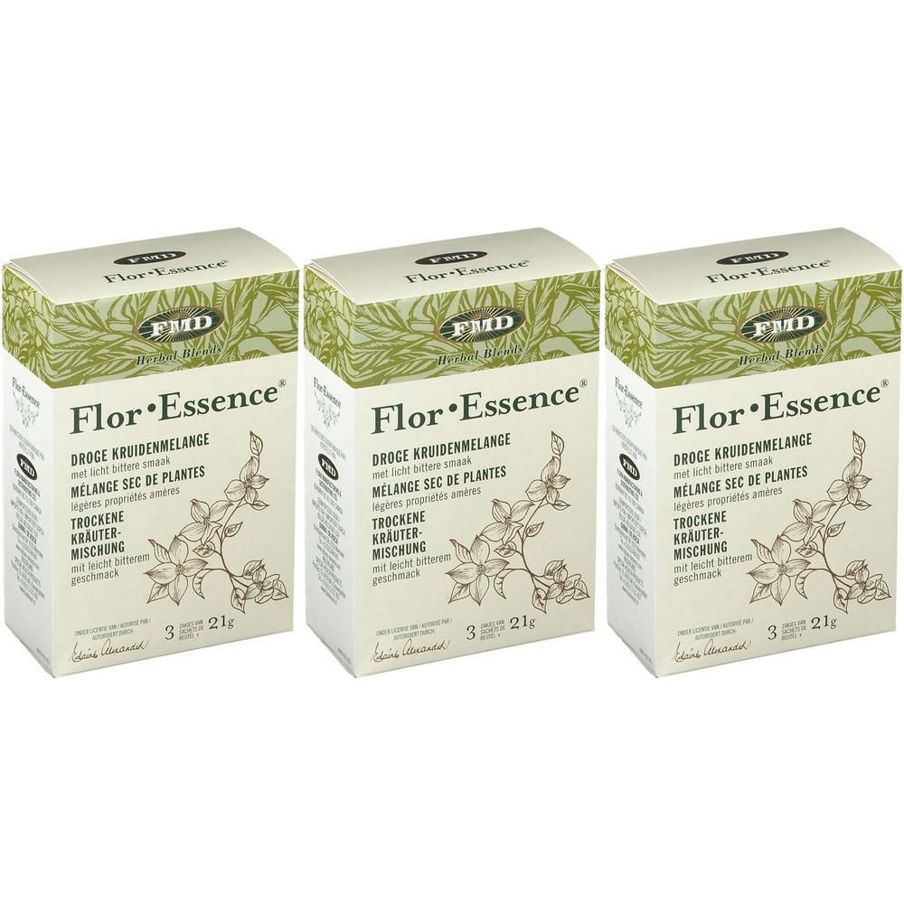 Drie dozen met "Flor-Essence". Tekst in het Duits, Frans en Nederlands. Groen-beige verpakking.