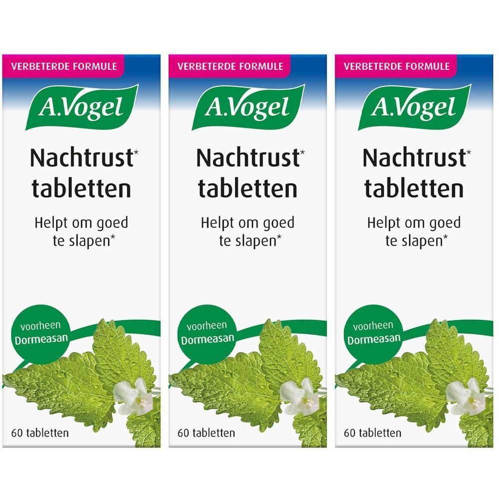 Drie witte dozen met A.Vogel Nachtrust tabletten, 60 tabletten.