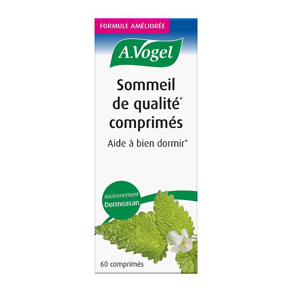 Boîte blanche avec A.Vogel Sommeil de qualité comprimés. La boîte indique également 60 comprimés.