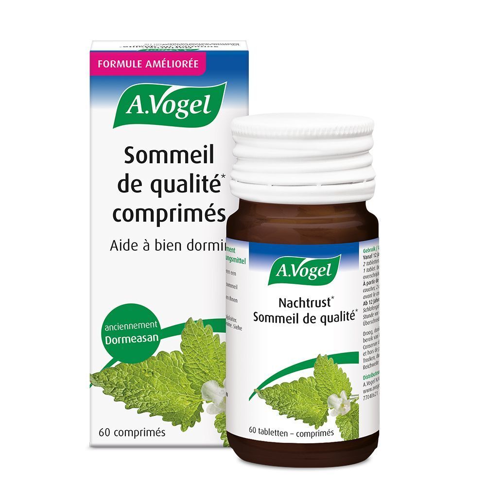 Flacon brun et boîte blanche. Le flacon porte A.Vogel Nachtrust Sommeil de qualité, 60 comprimés.