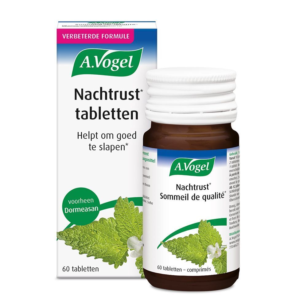 Bruine fles en witte doos. De fles heeft A.Vogel Nachtrust Sommeil de qualité, 60 tabletten.
