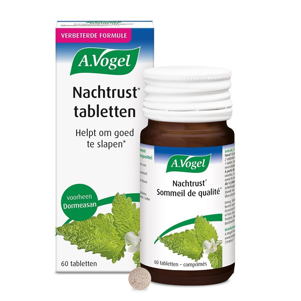 Flacon brun et boîte blanche. Le flacon porte A.Vogel Nachtrust tabletten, 60 comprimés.