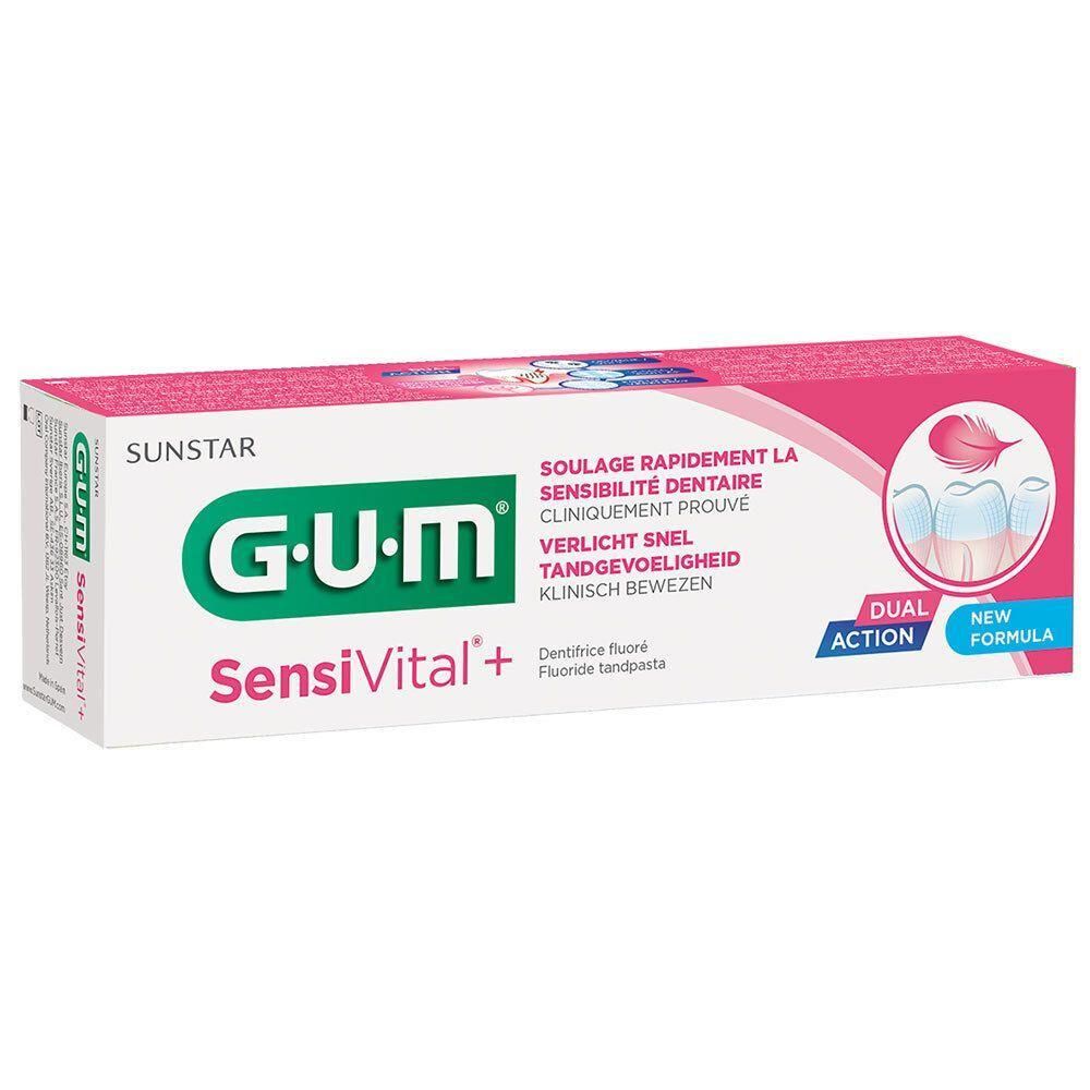 Tube de dentifrice avec accents roses. Inscription : GUM SensiVital+. Texte en français, néerlandais et anglais. Avec le logo Sunstar.