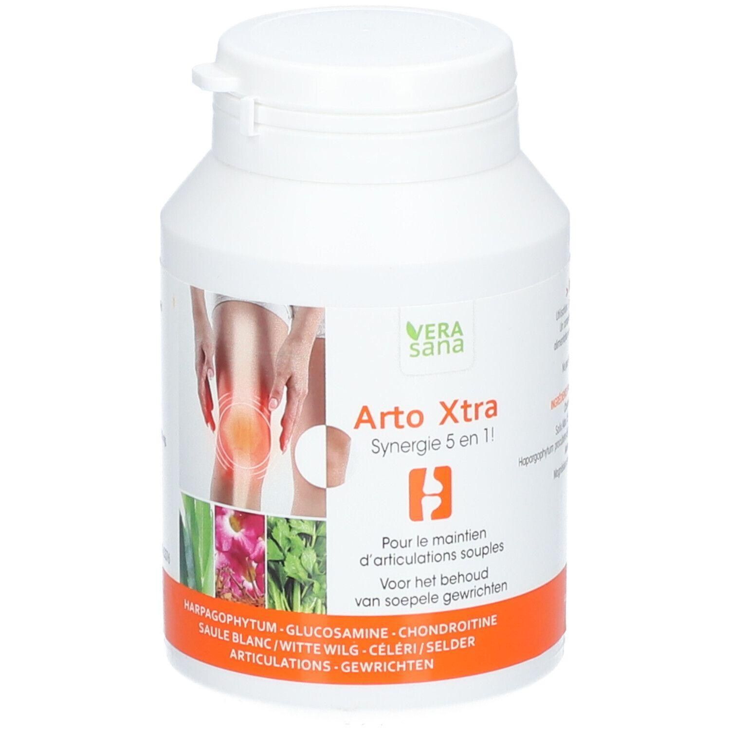 Witte fles met deksel. Opschrift: Vera Sana Arto Xtra. Illustratie van een knie. Bevat ingrediënten als Harpagophytum en Glucosamine.