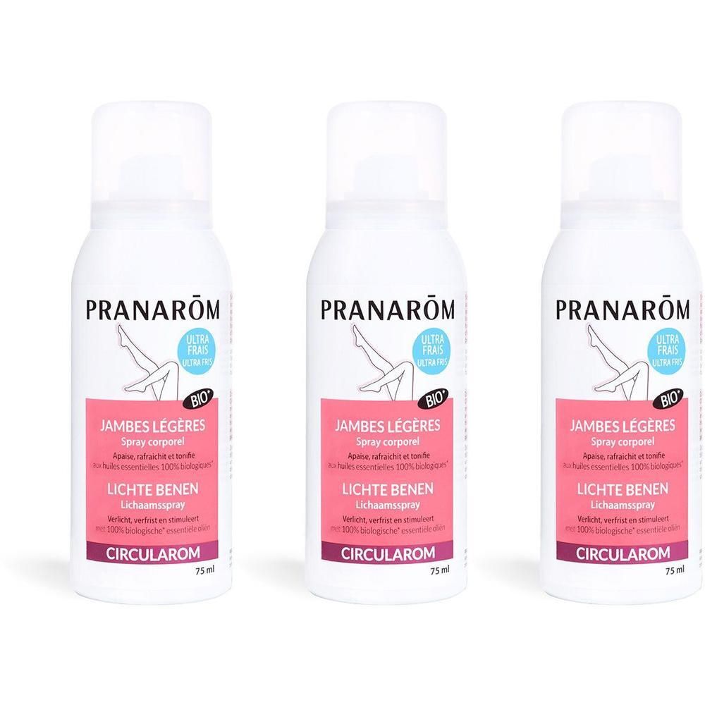 Trois sprays blancs, étiquette rose, inscriptions 'PRANARÔM', 'Jambes légères', 'CIRCULAROM'.