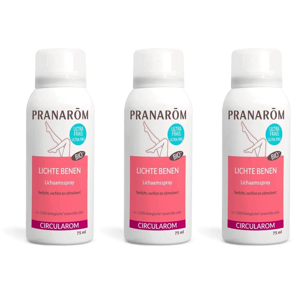 Drie sprays met witte flacon, roze etiket, opschrift 'PRANARÔM', 'Lichte benen', 'CIRCULAROM'.