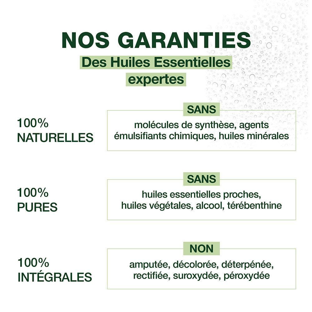 Section texte avec titre 'NOS GARANTIES'. Listes avec '100% NATURELLES', '100% PURES', '100% INTÉGRALES'.