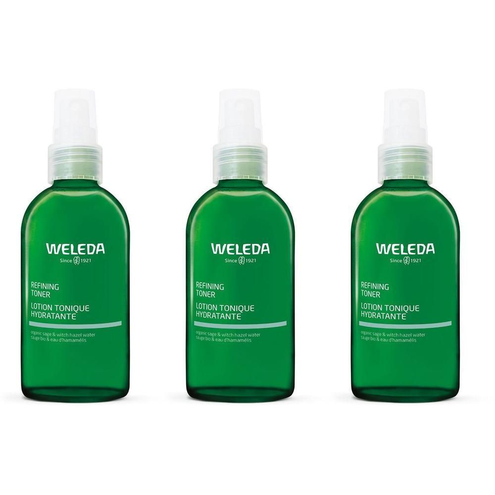 Trois flacons verts avec vaporisateur blanc. Inscription: Weleda, Refining Toner, Lotion Tonique Hydratante.