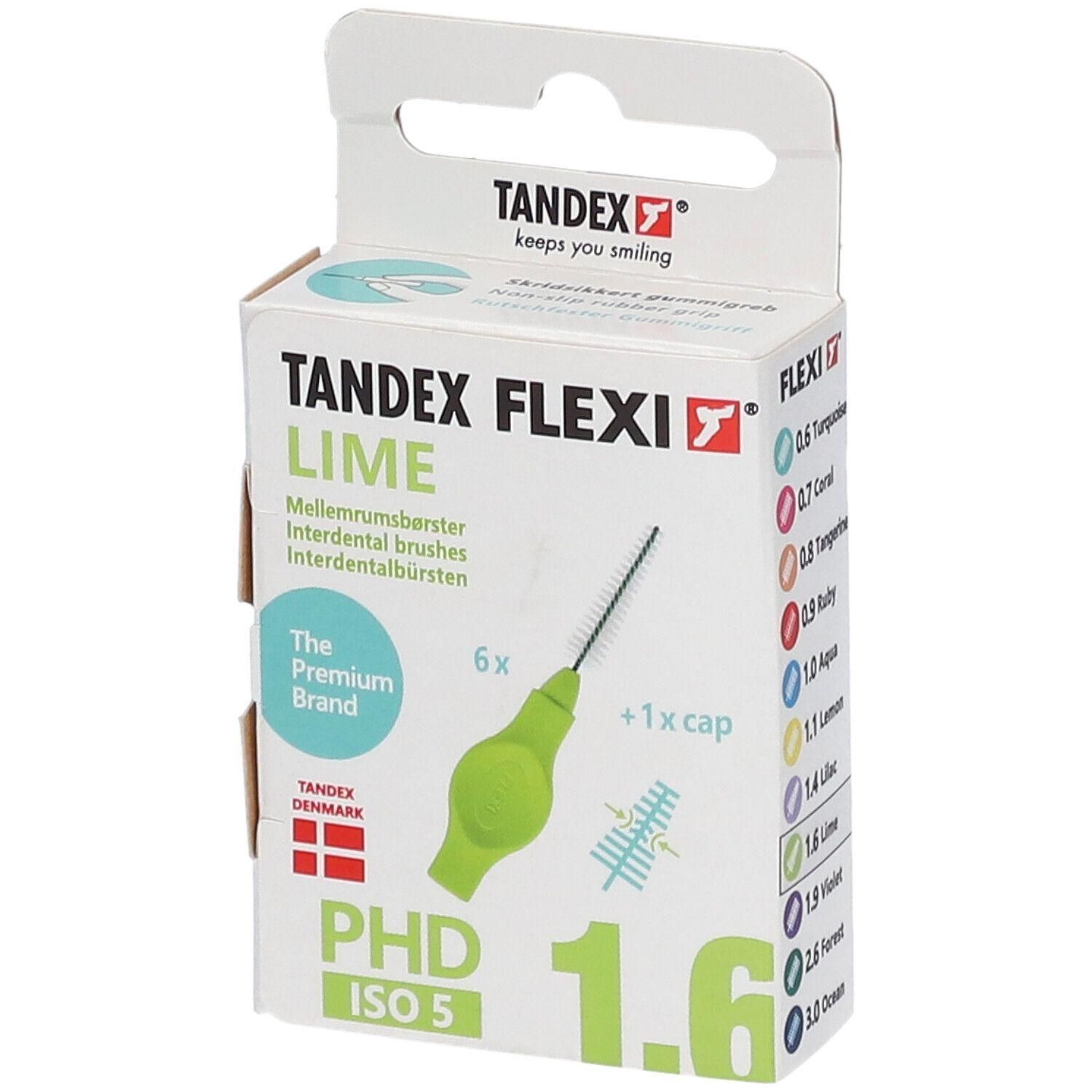 Boîte de brosses interdentaires Tandex Flexi Lime. Contient 6 brosses et 1 capuchon. Taille 1.6.