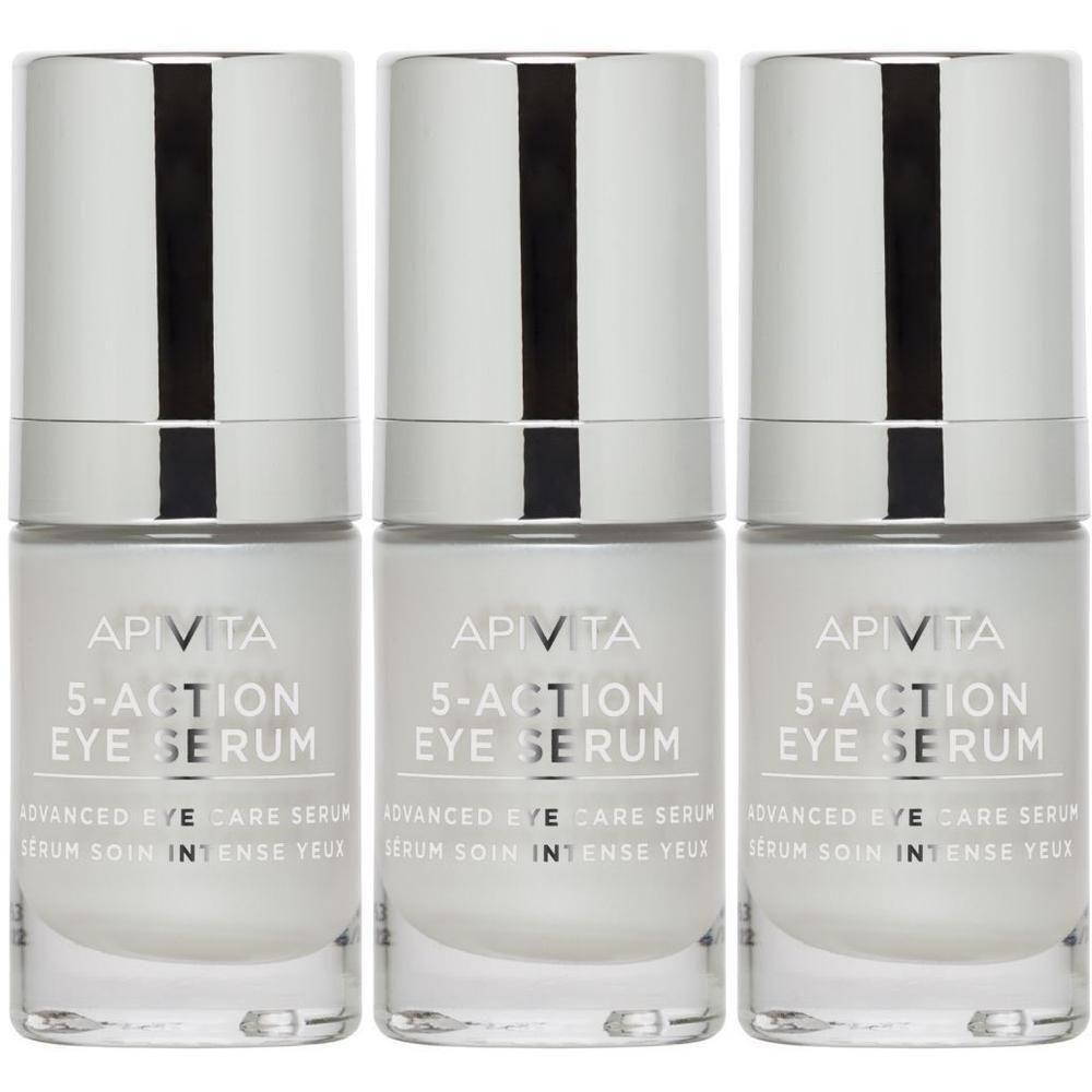 Trois flacons Apivita 5-Action Eye Serum. Flacons blancs avec bouchons argentés. Texte: 5-Action Eye Serum, Advanced Eye Care Serum.