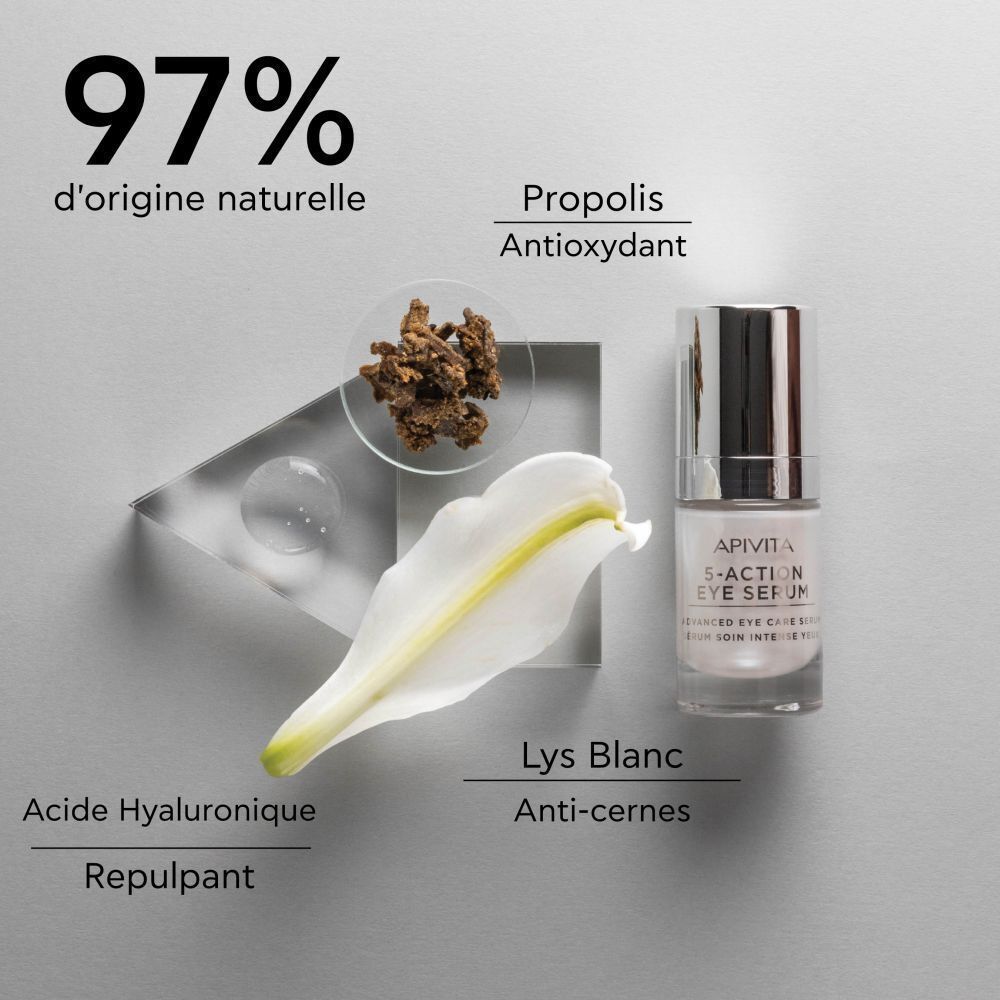 Apivita 5-Action Eye Serum, lys blanc, propolis, acide hyaluronique. Texte: 97% d'origine naturelle. Anti-cernes.