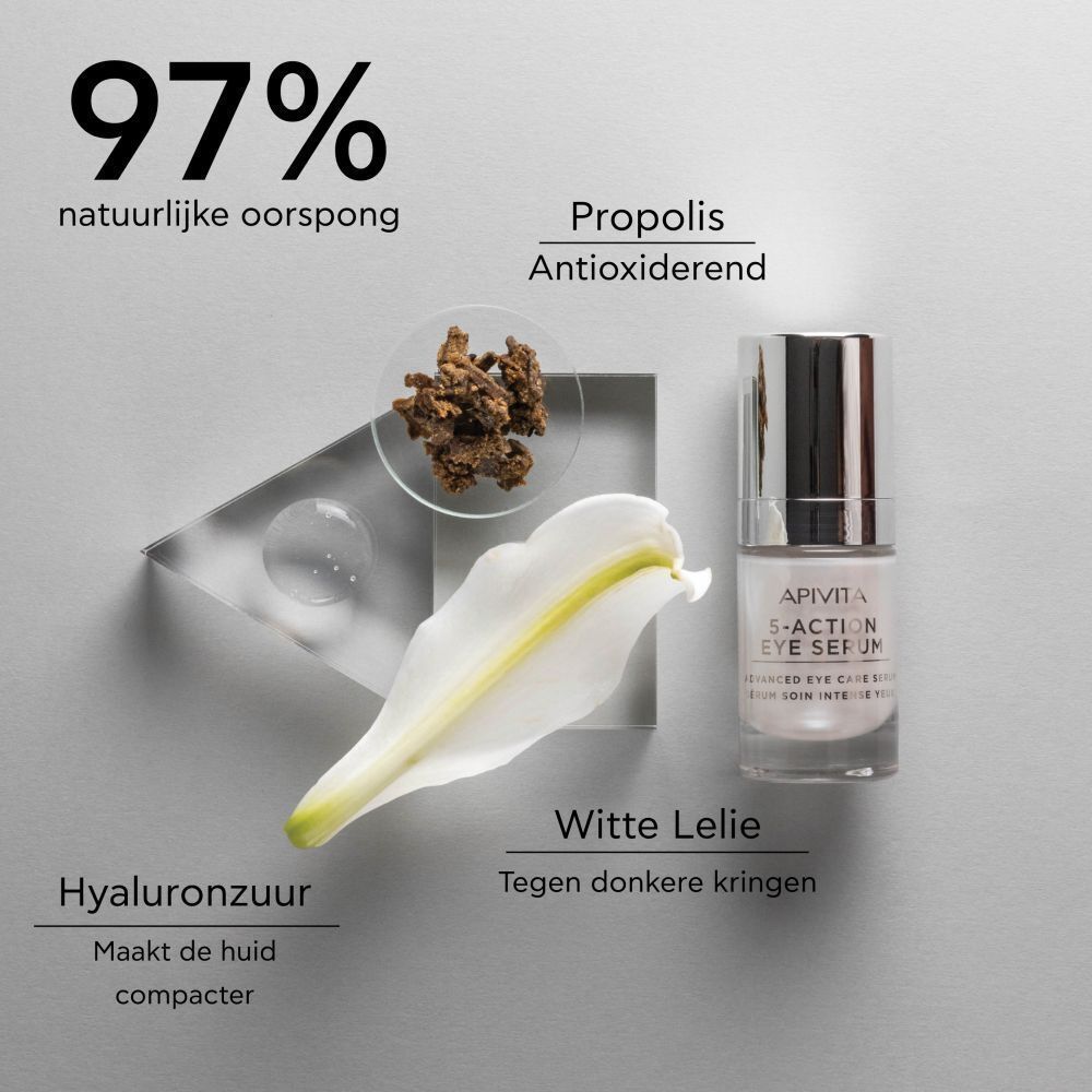 Apivita 5-Action Eye Serum, witte lelie, propolis, hyaluronzuur. Tekst: 97% natuurlijke oorsprong. Tegen donkere kringen.
