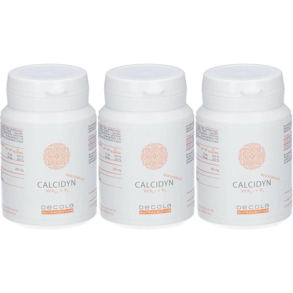 Trois flacons blancs avec couvercles. Sur chaque flacon, CALCIDYN et decola nutraceuticals. Inscriptions avec informations sur le contenu.