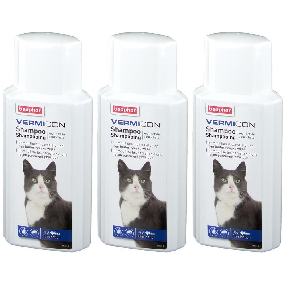 Drie witte flessen Beaphar Vermicon Shampoo voor katten. Elke fles toont een kattenafbeelding en productinformatie.