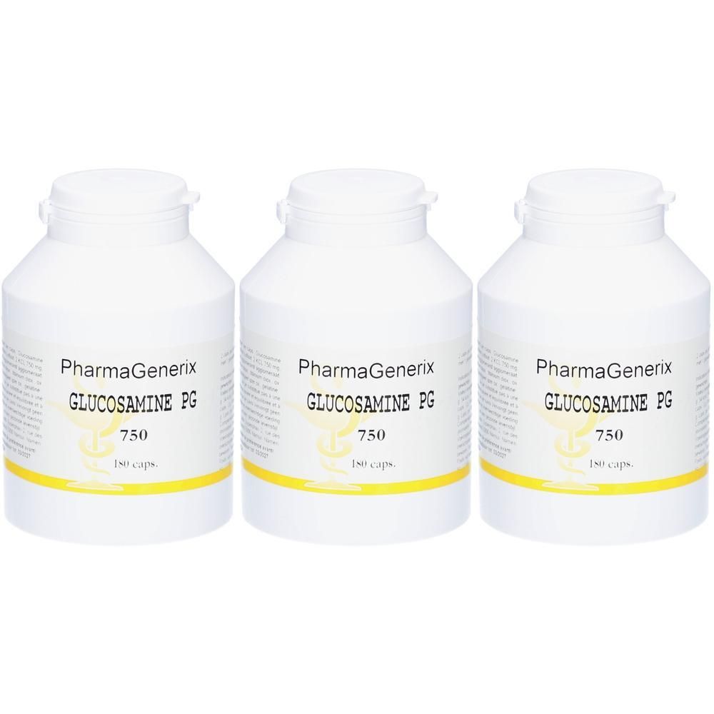 Drie witte flessen met label "PharmaGenerix Glucosamine PG 750". Gele streep onderaan.
