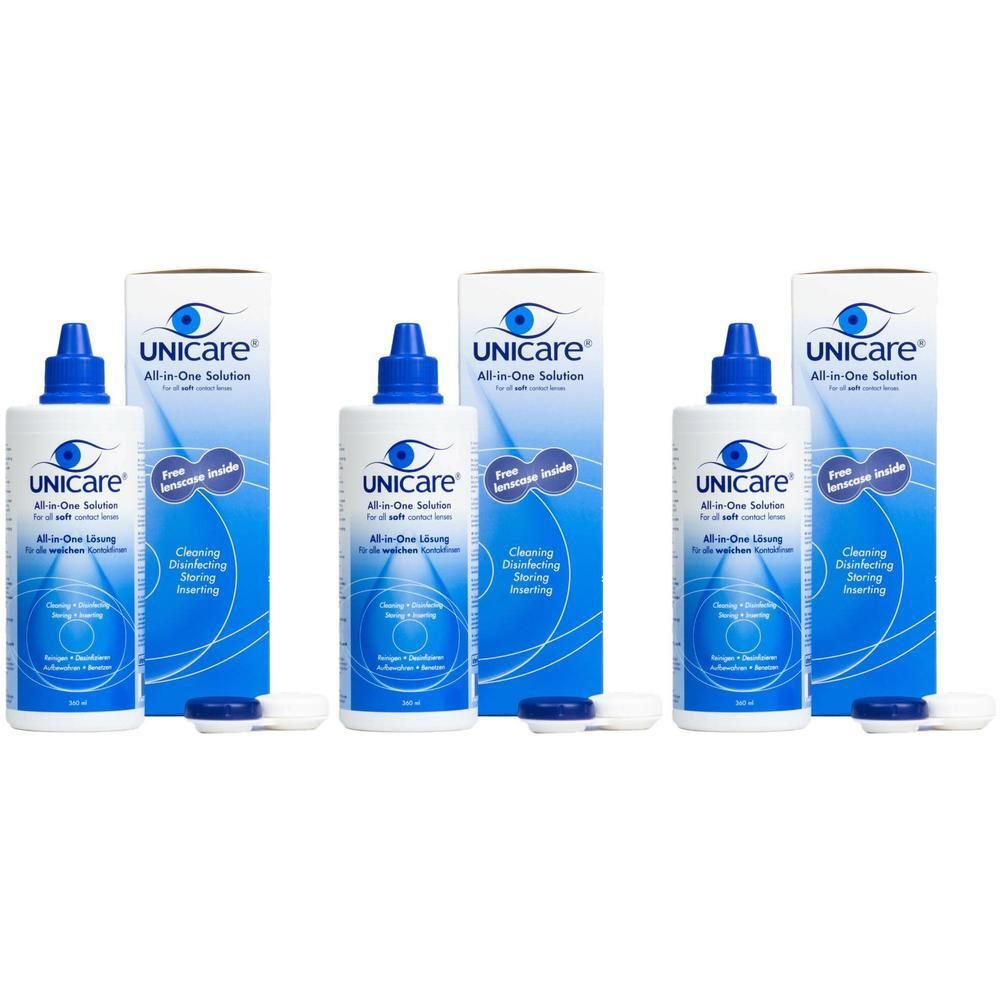 Trois flacons et emballages de solution Unicare All-in-one pour lentilles souples. Bouchons bleus et design d'emballage.