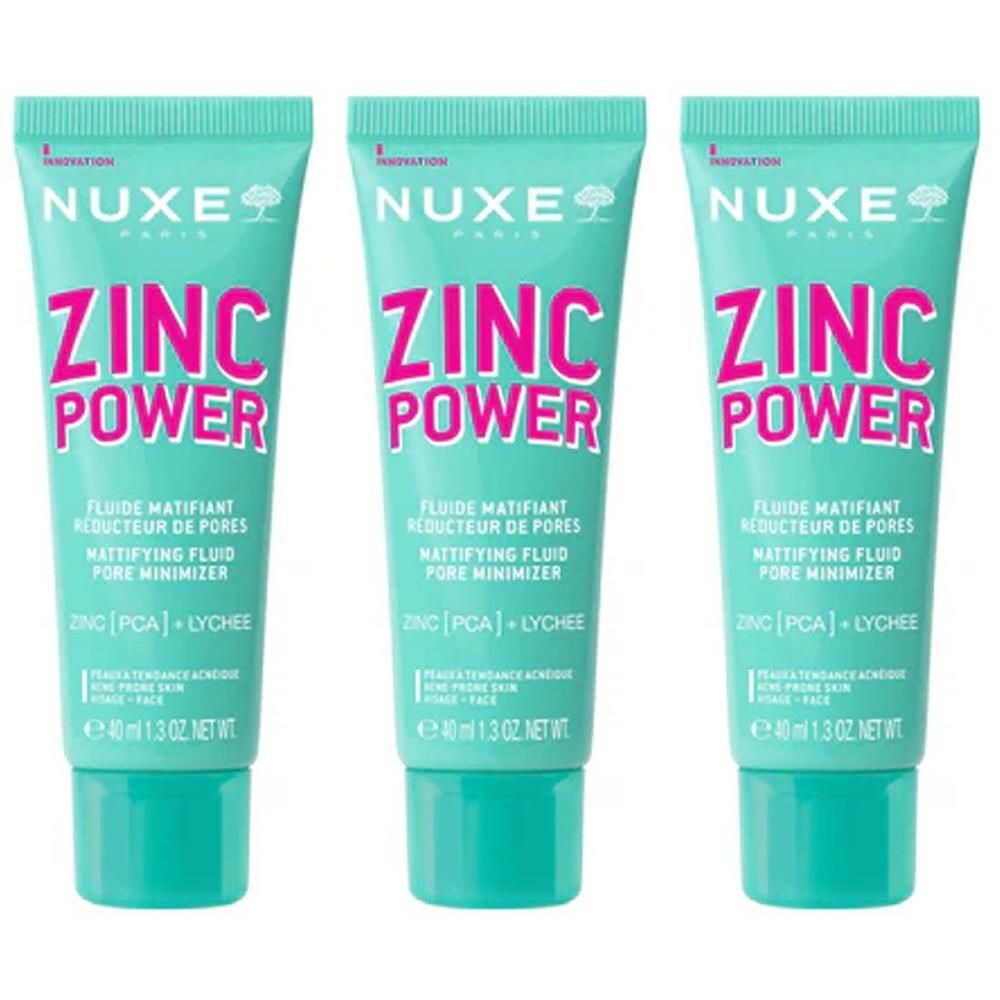 Trois tubes de Nuxe Zinc Power. Tubes turquoise avec texte rose. Inscription: ZINC POWER, Fluide Matifiant Reducteur De Pores, Pore Minimizer.
