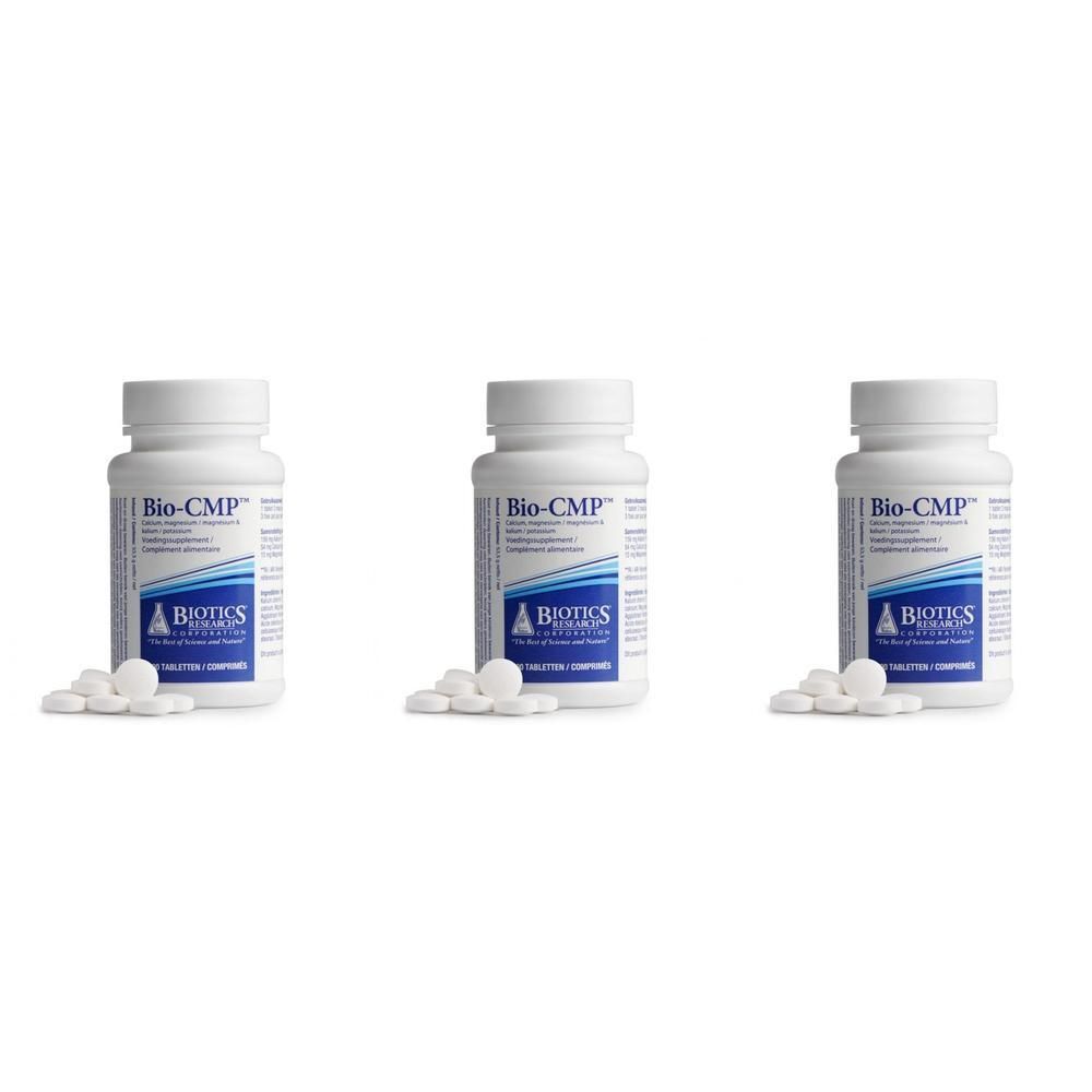 Trois bouteilles de Biotics Research Bio-CMP avec des comprimés.