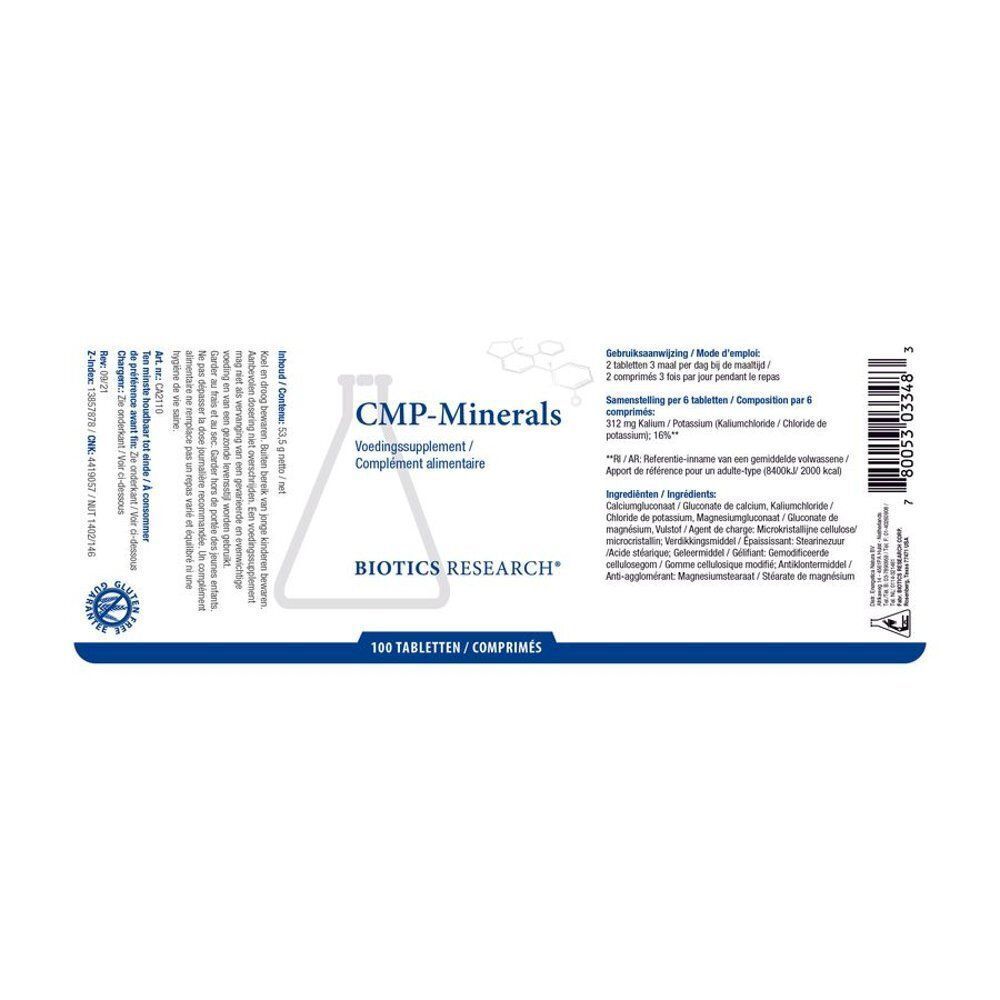 Arrière d'une bouteille Biotics Research CMP-Minerals de 100 comprimés.