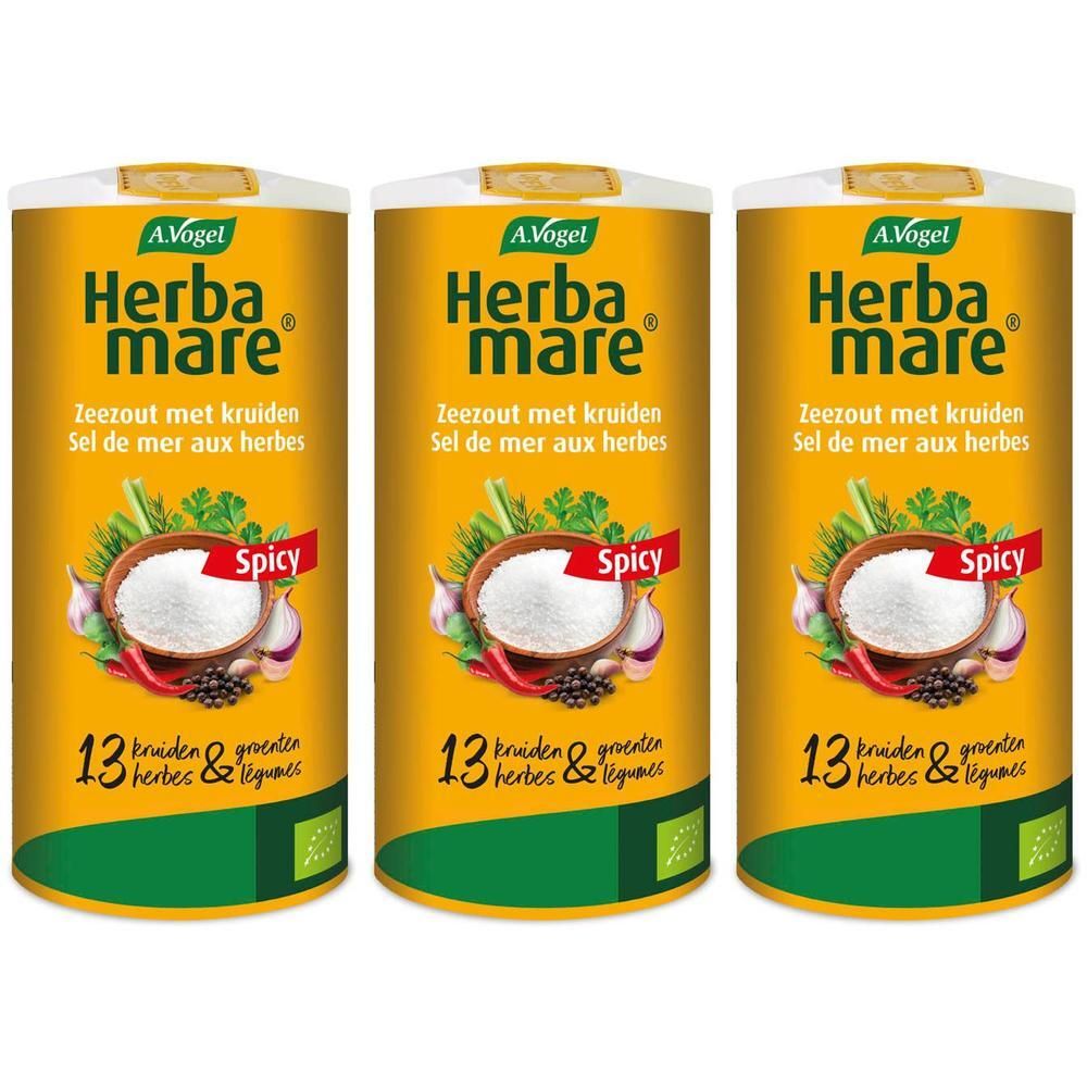 Drie gele potten Herbamare Spicy. Elke pot toont een afbeelding van zout, groenten en kruiden.