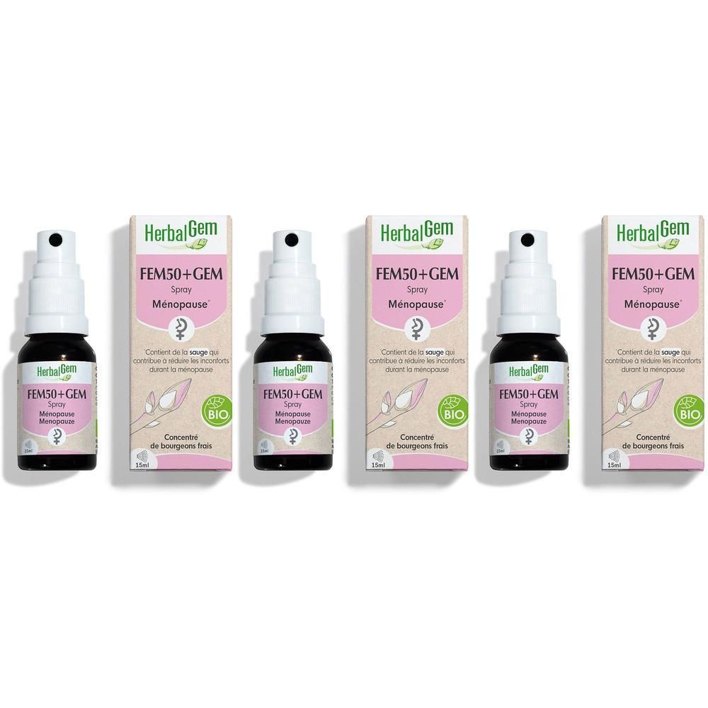 Cinq flacons et boîtes HerbalGem Fem50+Gem Bio Spray. Inscription: Fem50+Gem Spray Ménopause. Certification Bio.
