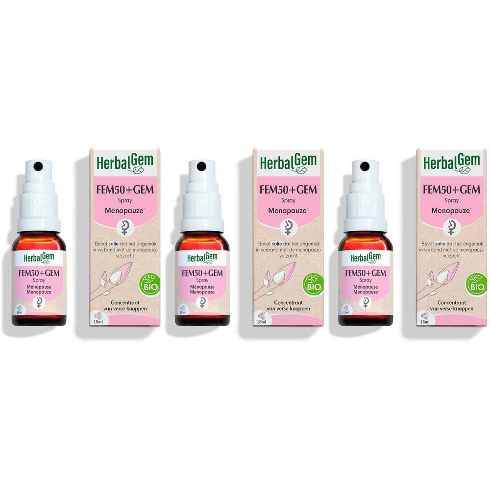 Vijf flessen en dozen HerbalGem Fem50+Gem Bio Spray. Opschrift: Fem50+Gem Spray Ménopause. Bio-certificering.