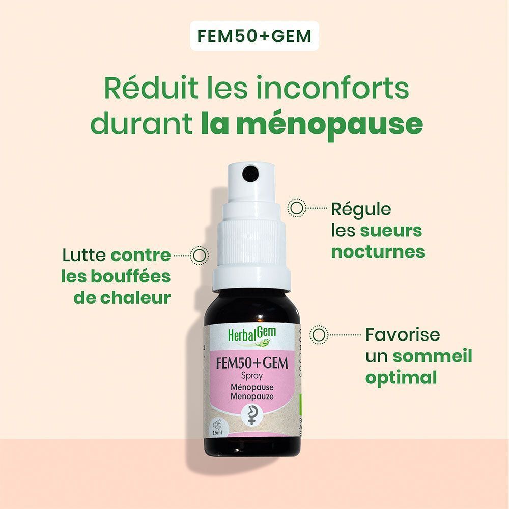 HerbalGem Fem50+Gem Spray. Réduit les inconforts pendant la ménopause. Régule les sueurs nocturnes. Favorise un sommeil optimal.