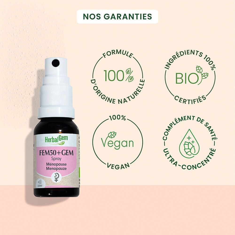HerbalGem Fem50+Gem Spray. Ingrédients 100% naturels, certifiés Bio, vegan, ultra-concentré, complément de santé.