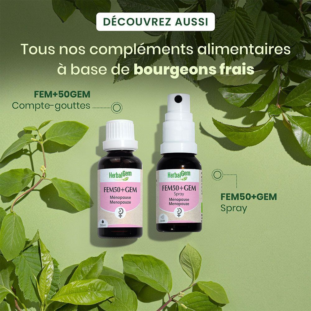 HerbalGem Fem50+Gem gouttes et spray. Compléments alimentaires à base de bourgeons frais.