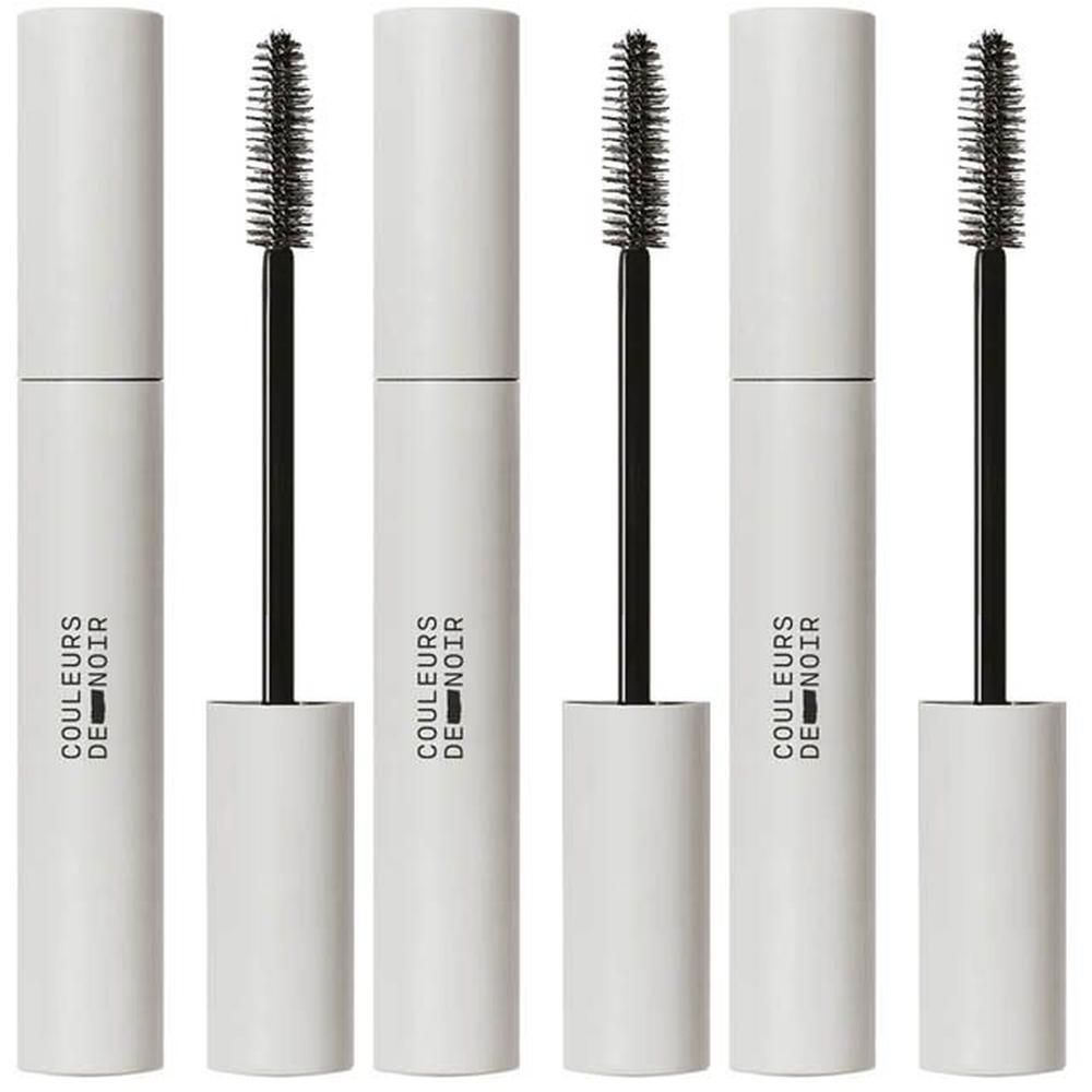 Cinq tubes de mascara blancs avec brosse noire. Le texte "COULEURS DE NOIR" est visible.