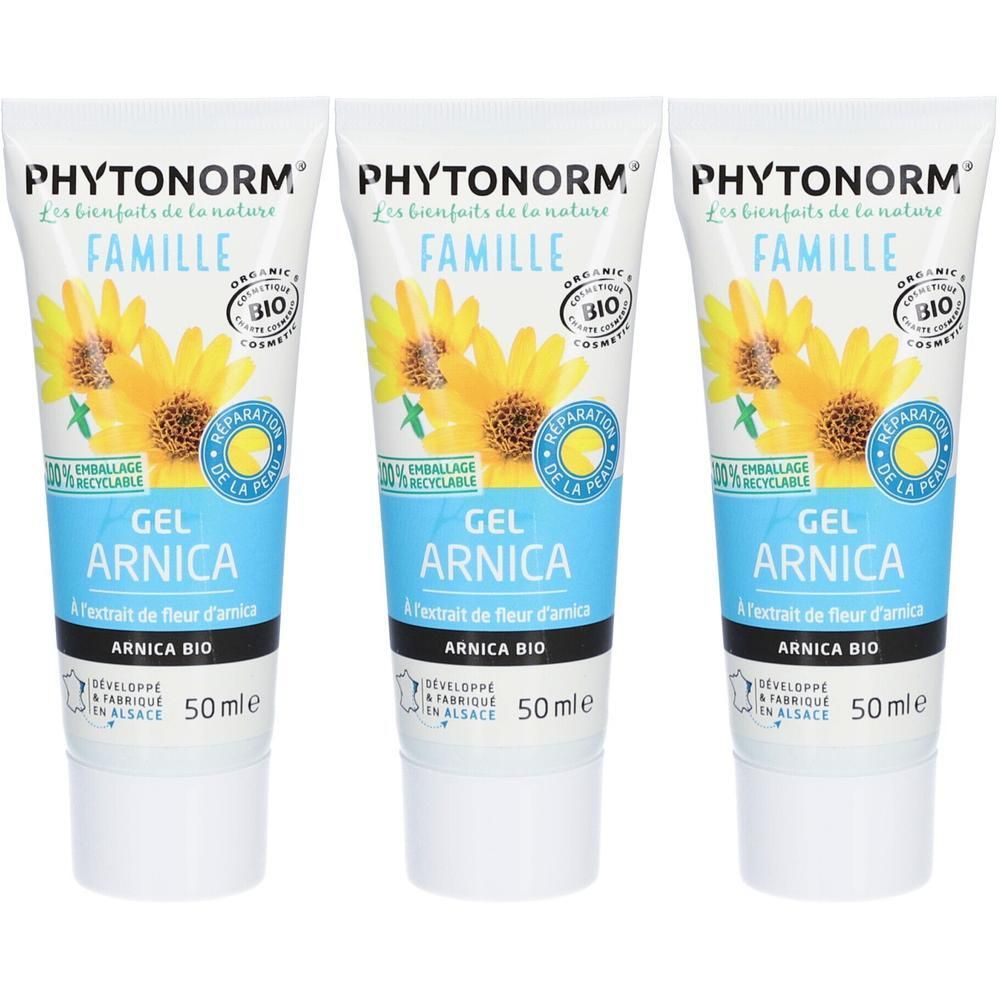 Trois tubes de Gel Arnica Bio. Tubes blancs avec texte bleu et jaune. Inscription : Gel Arnica, certification bio, 50 ml.
