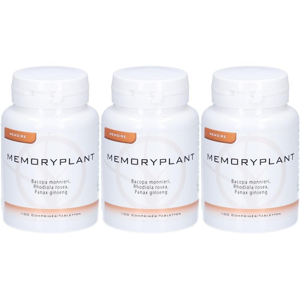 Drie witte flessen met schroefdop. Op elke fles staat "MEMORYPLANT" en de ingrediënten: Bacopa monnieri, Rhodiola rosea, Panax ginseng.