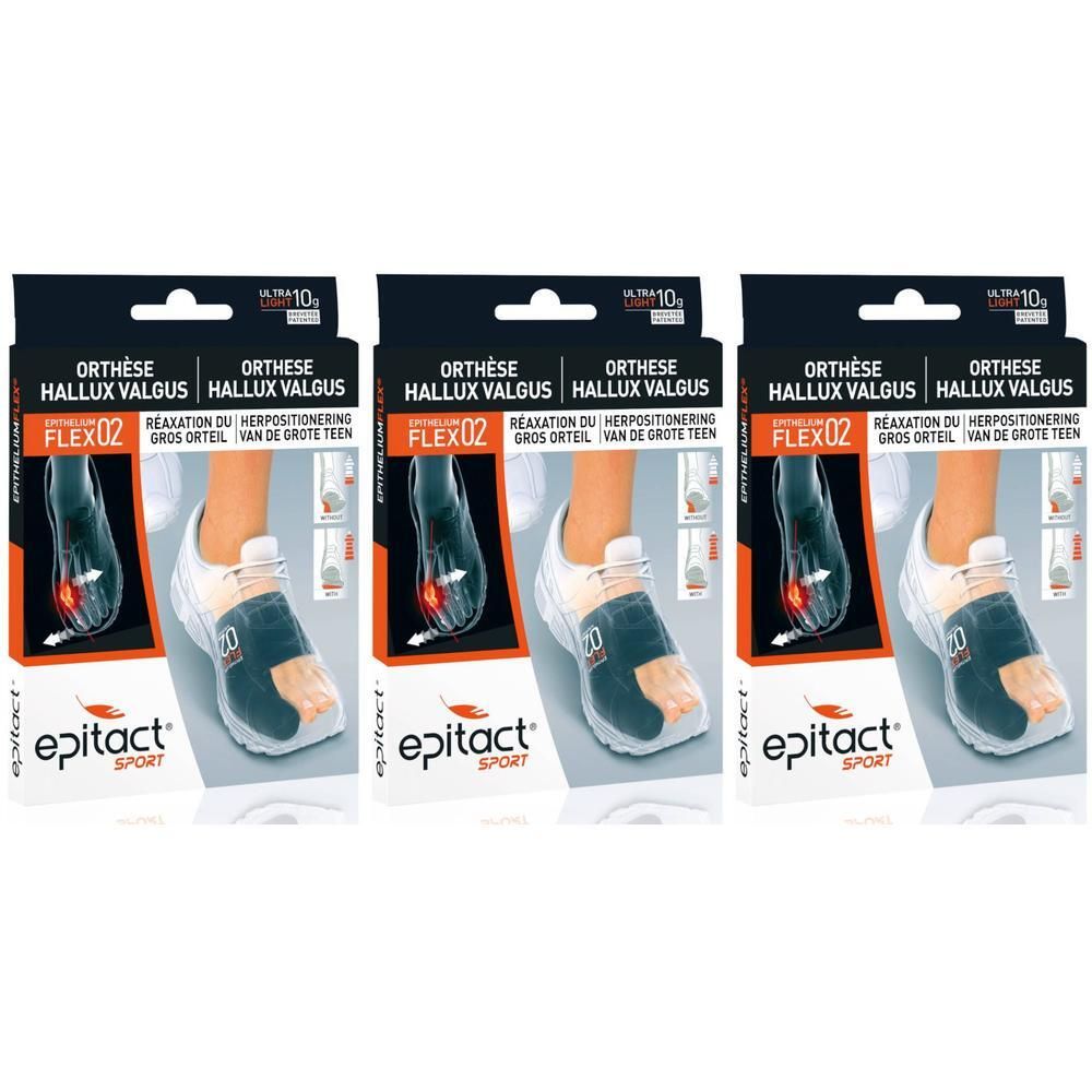 Trois boîtes d'Epitact® Sport Orthèse Hallux Valgus. Bandage noir et beige sur pied, emballage avec nom du produit et Flex 02.
