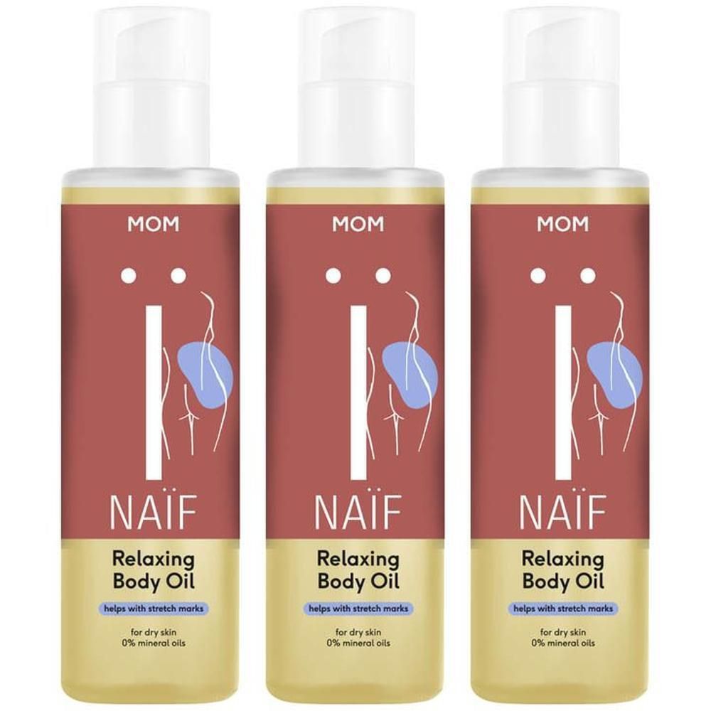 Trois flacons d'huile pour le corps Relaxing de Naïf. Étiquettes rouges avec texte blanc. Inscription : Naïf, Relaxing Body Oil. Aide à réduire les vergetures.