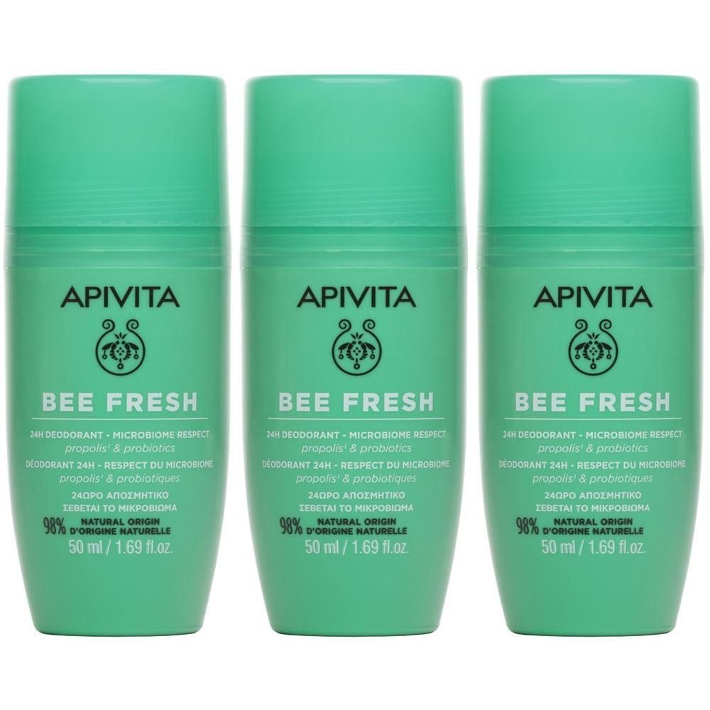 Trois déodorants roll-on verts. Inscription : Apivita Bee Fresh, 24h Déodorant, Propolis & Probiotiques.