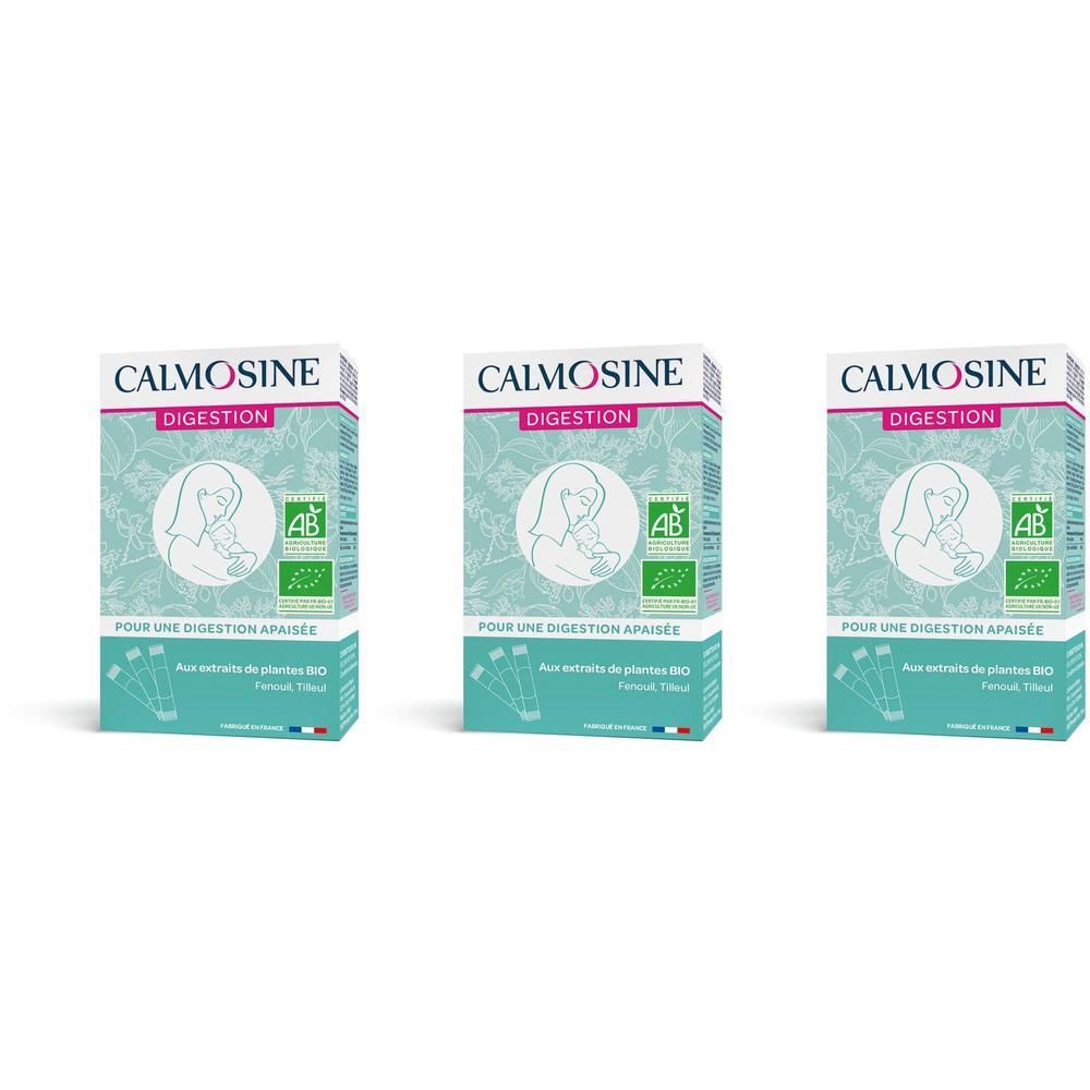 Trois boîtes Calmosine Digestion Bio. Inscription : certification AB, logo, texte. Sachets individuels visibles.