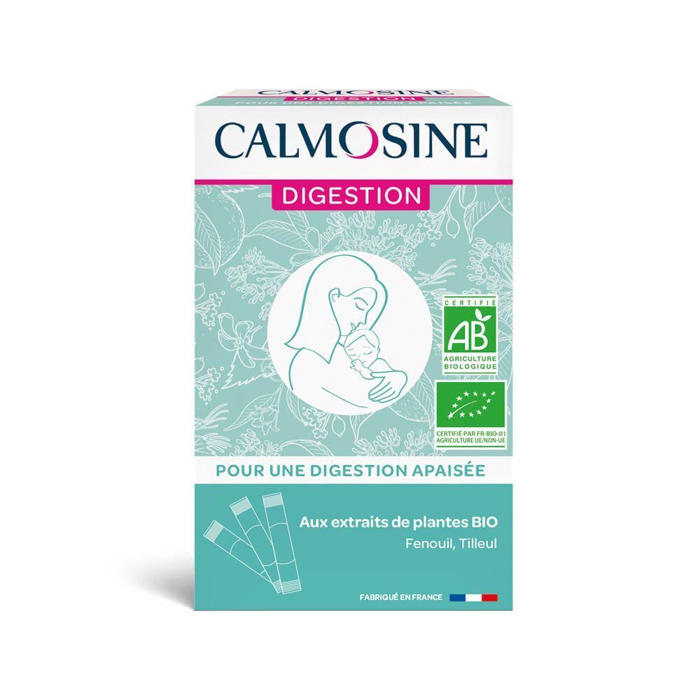 Boîte Calmosine Digestion Bio. Inscription : certification AB, logo, texte. Sachets individuels visibles.