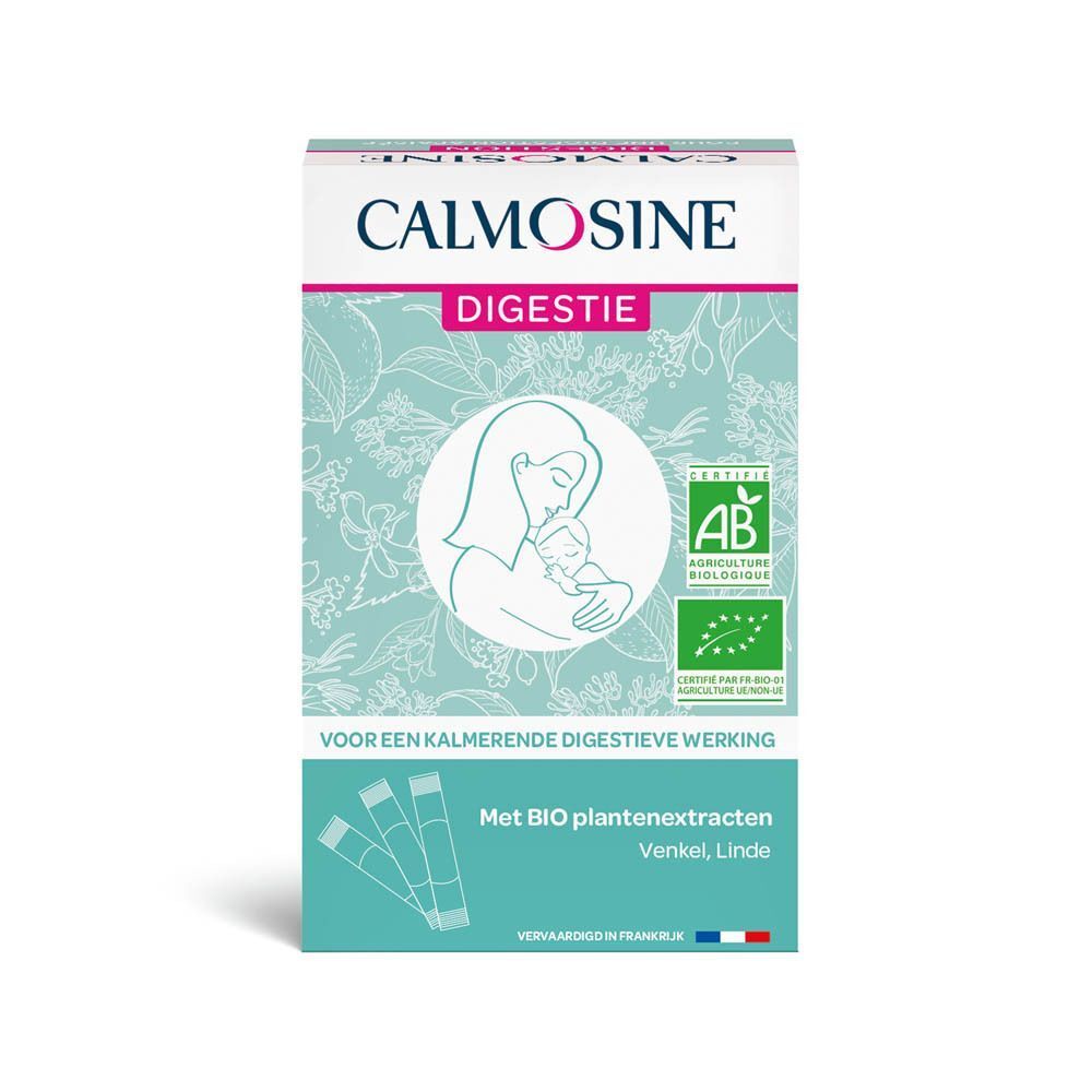 Calmosine Digestion doos. Opschrift: AB-certificering, logo, tekst. Enkele zakjes zichtbaar.
