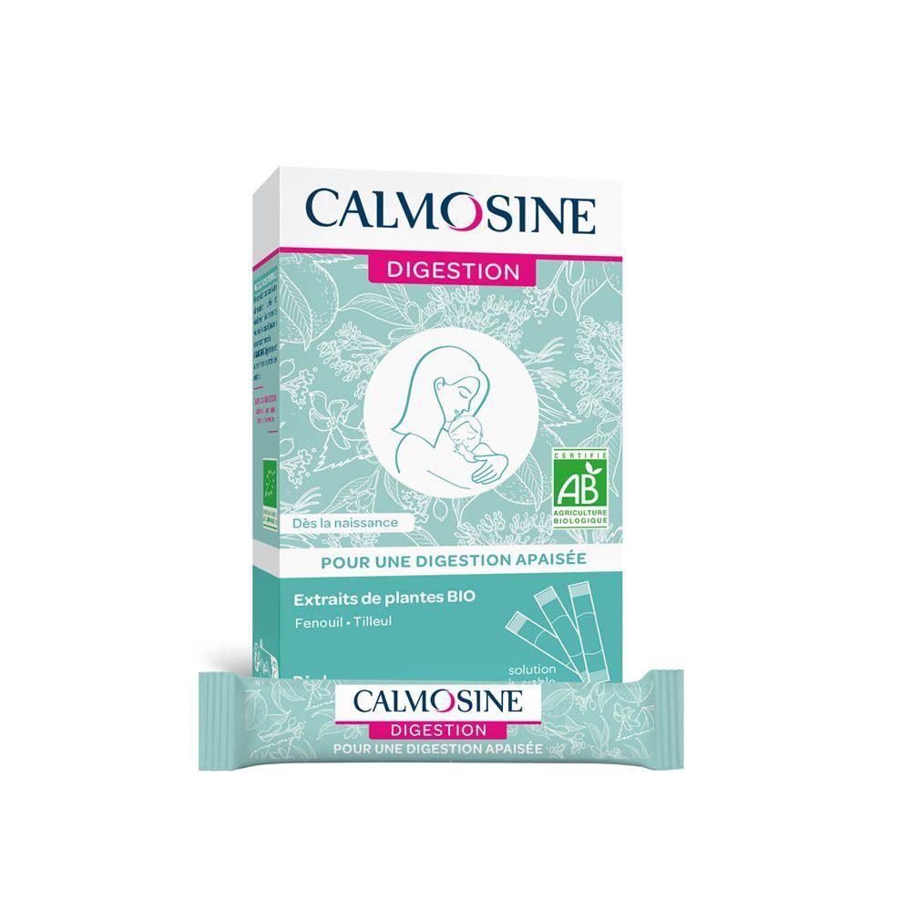 Boîte Calmosine Digestion Bio avec un sachet individuel. Certification AB, logo, texte.