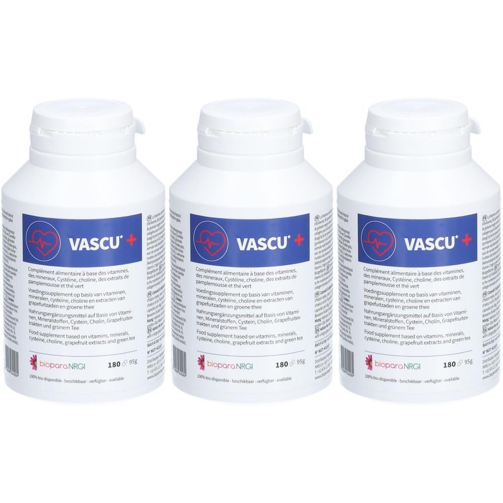 Trois flacons blancs avec bouchons à vis. Chaque flacon porte "VASCU+" et des informations sur le produit. Le logo montre un cœur.
