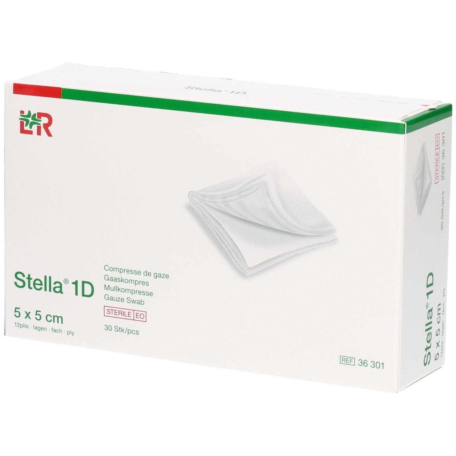Boîte de compresses stériles Stella 1D, 5 x 5 cm. Contient 30 pièces. Inscription en plusieurs langues.