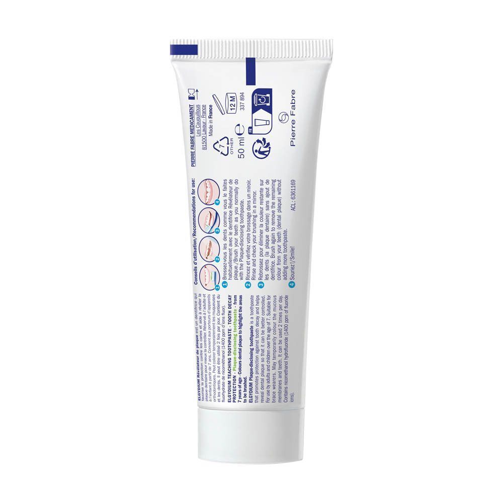 Dos du tube de dentifrice. Texte et pictogrammes. Informations d'utilisation et ingrédients.