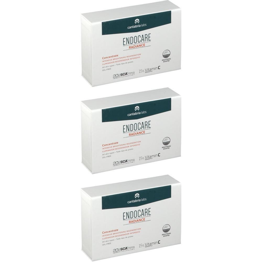 Trois boîtes blanches avec ENDOCARE RADIANCE. Logos et texte visibles sur chaque boîte.
