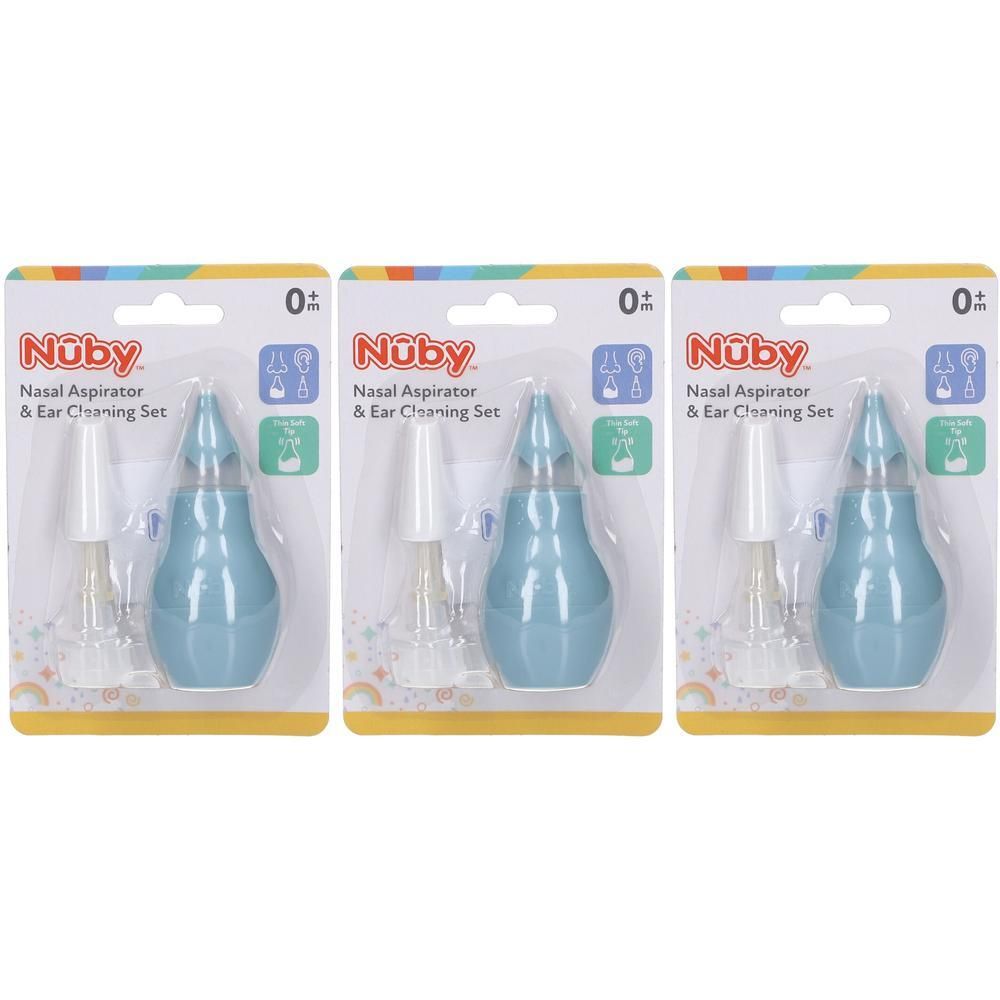 Trois ensembles d'aspirateur nasal et de nettoyage des oreilles. Chaque ensemble comprend une poire bleue et un embout blanc. Emballage blister.