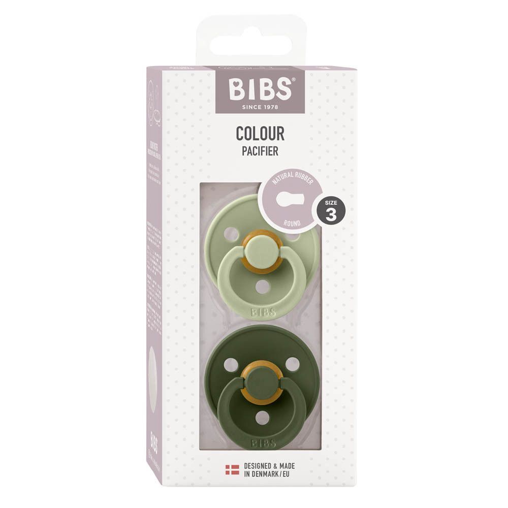 Verpakking met twee fopspenen. Groen en lichtgroen. BIBS logo, maat 3.